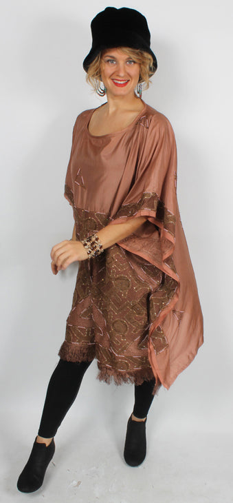Sunheart Embroided Silk Rum Vintage Beaded Glam Caftan Poncho Tunic Top Sml-7x