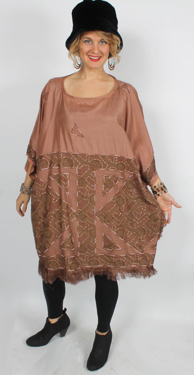 Sunheart Embroided Silk Rum Vintage Beaded Glam Caftan Poncho Tunic Top Sml-7x