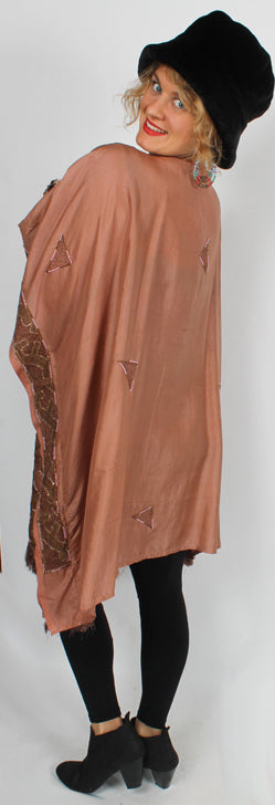 Sunheart Embroided Silk Rum Vintage Beaded Glam Caftan Poncho Tunic Top Sml-7x