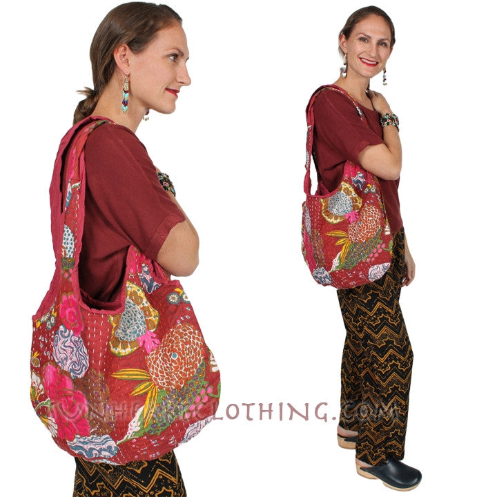 Navy or RED Floral Embroidered Batik Shoulder Bag-Purse