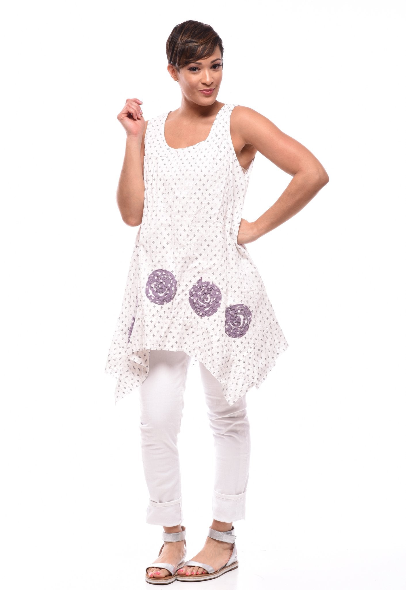 Last One! Tulip Cotton Tank Tunic Top Pleats Rosettes lagenlook Boho Sml-2X