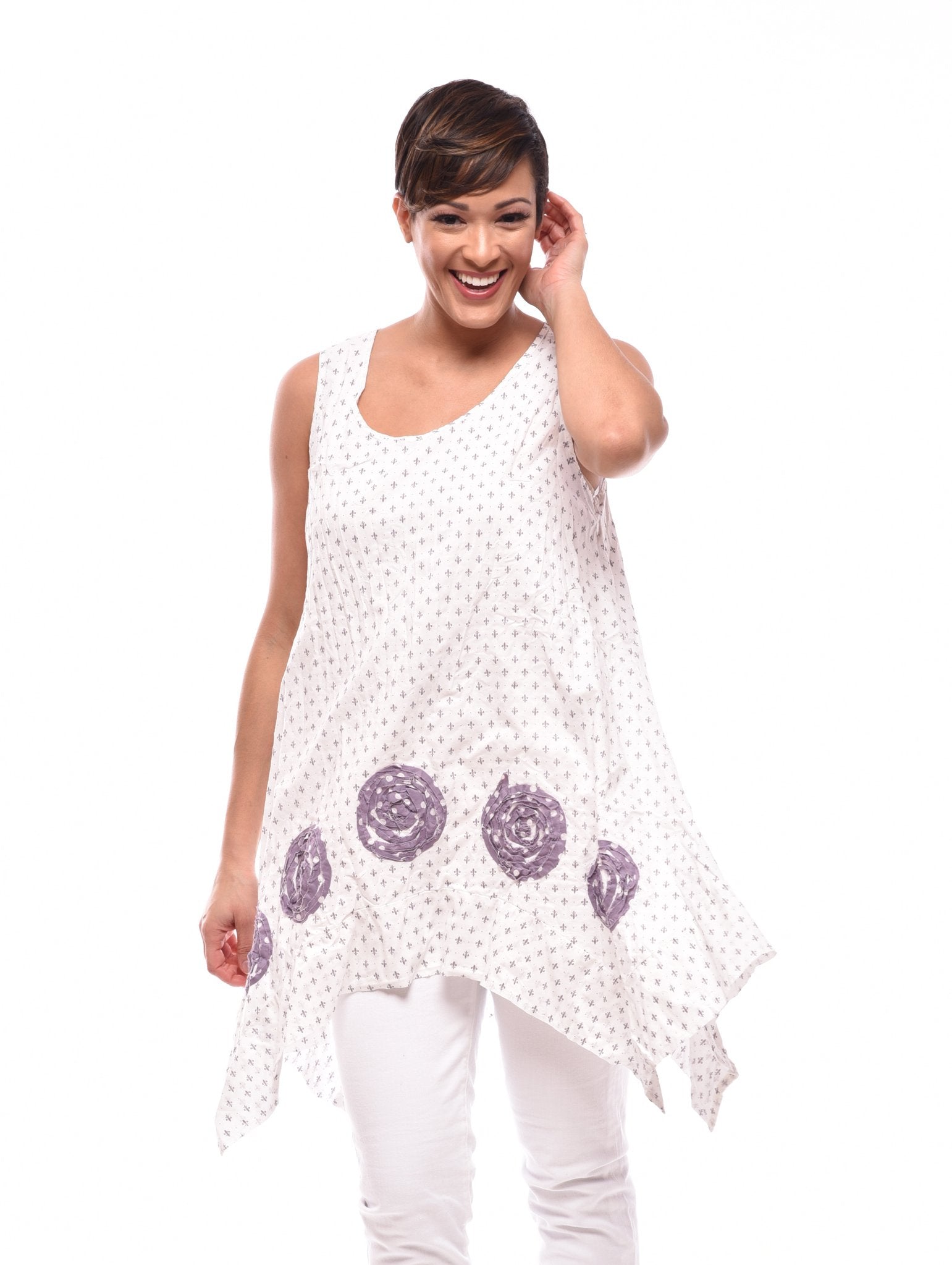 Last One! Tulip Cotton Tank Tunic Top Pleats Rosettes lagenlook Boho Sml-2X