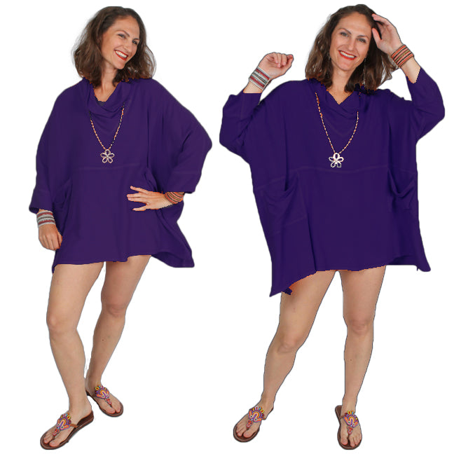 Dairi Fashions Lux Purple Nubby Boucle Nobi Cowl Pocket Tunic Top Boho Sml-7x LAST ONE!