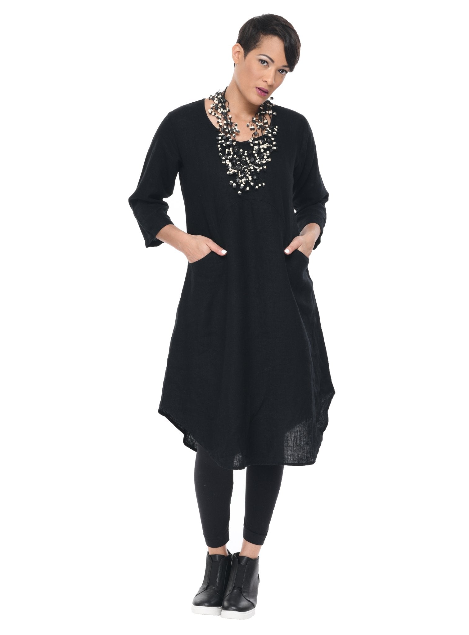 Tulip Linen Black Dress - Long Tunic Lagenlook Boho Resort Sml-2x Tulip Linen Black Dress - Long Tunic Lagenlook Boho Resort Sml-2x