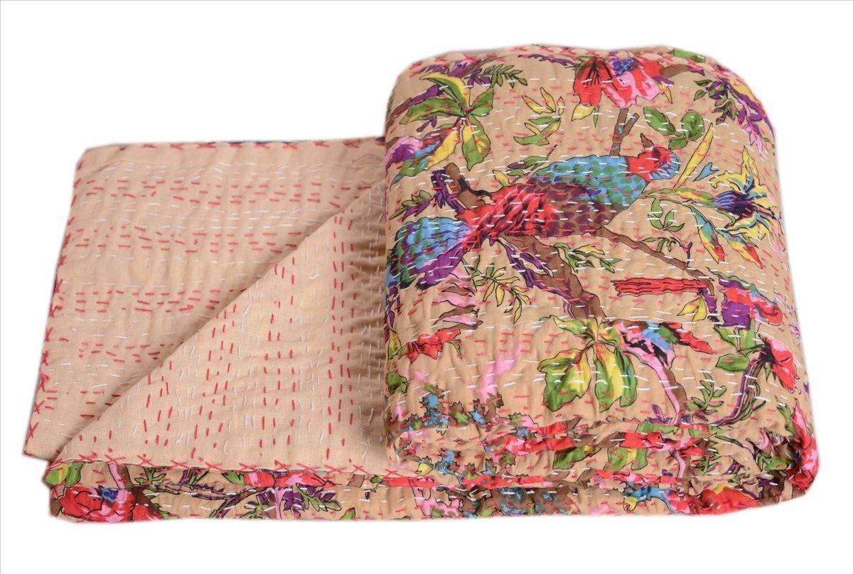 $100+ OFF! Embroidered Reversible Blue Bird Leaf Blanket Kantha Home Decore Throw