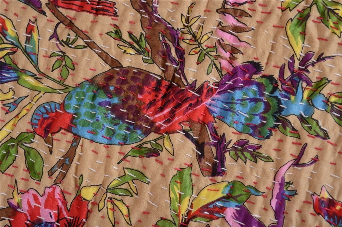 Embroidered Reversible Blue Bird Leaf Blanket Kantha Home Decore Throw
