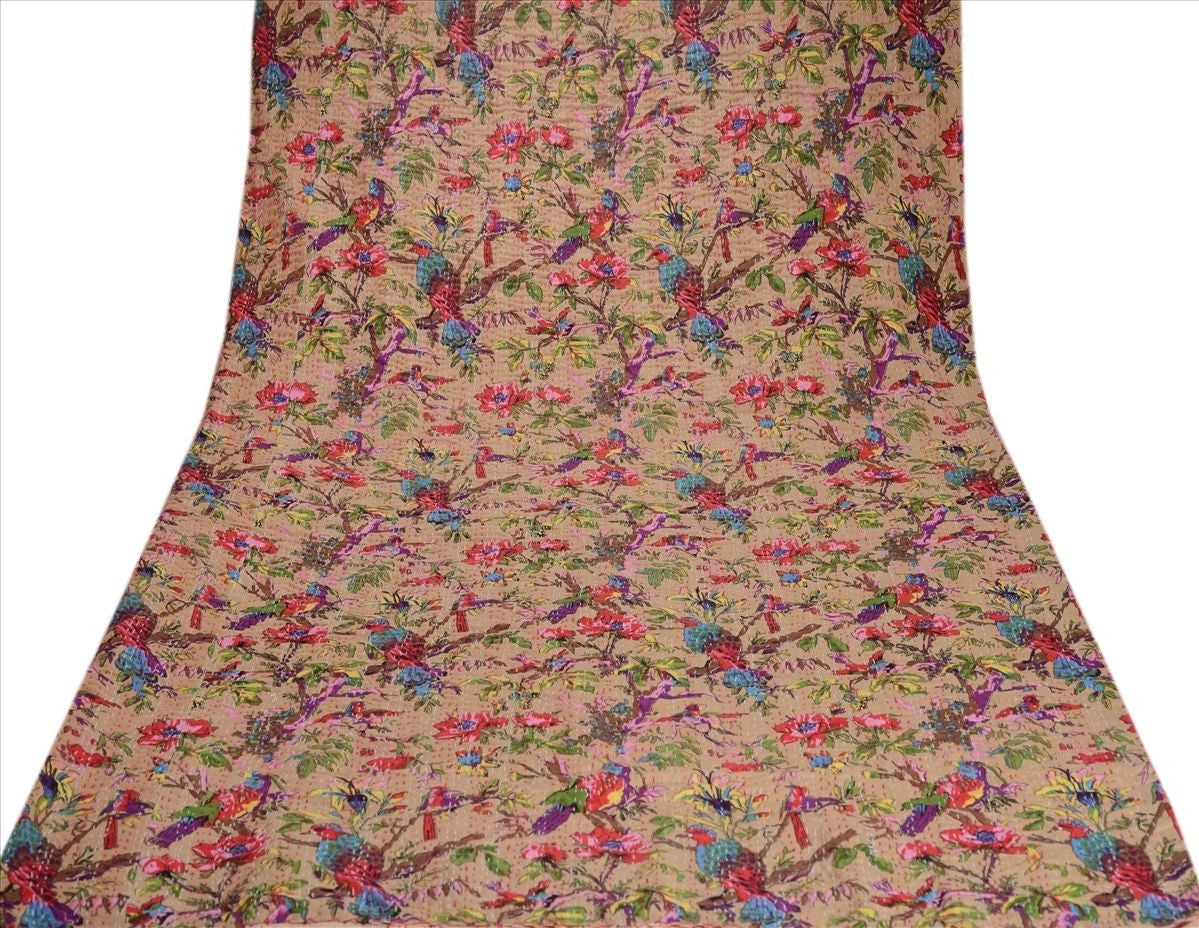 $100+ OFF! Embroidered Reversible Blue Bird Leaf Blanket Kantha Home Decore Throw