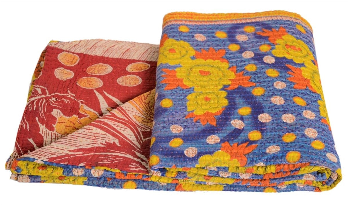 $100+ OFF! Hand-Stitched Kantha Reversible Blue - Yellow Flower Dot Blanket Home Decor
