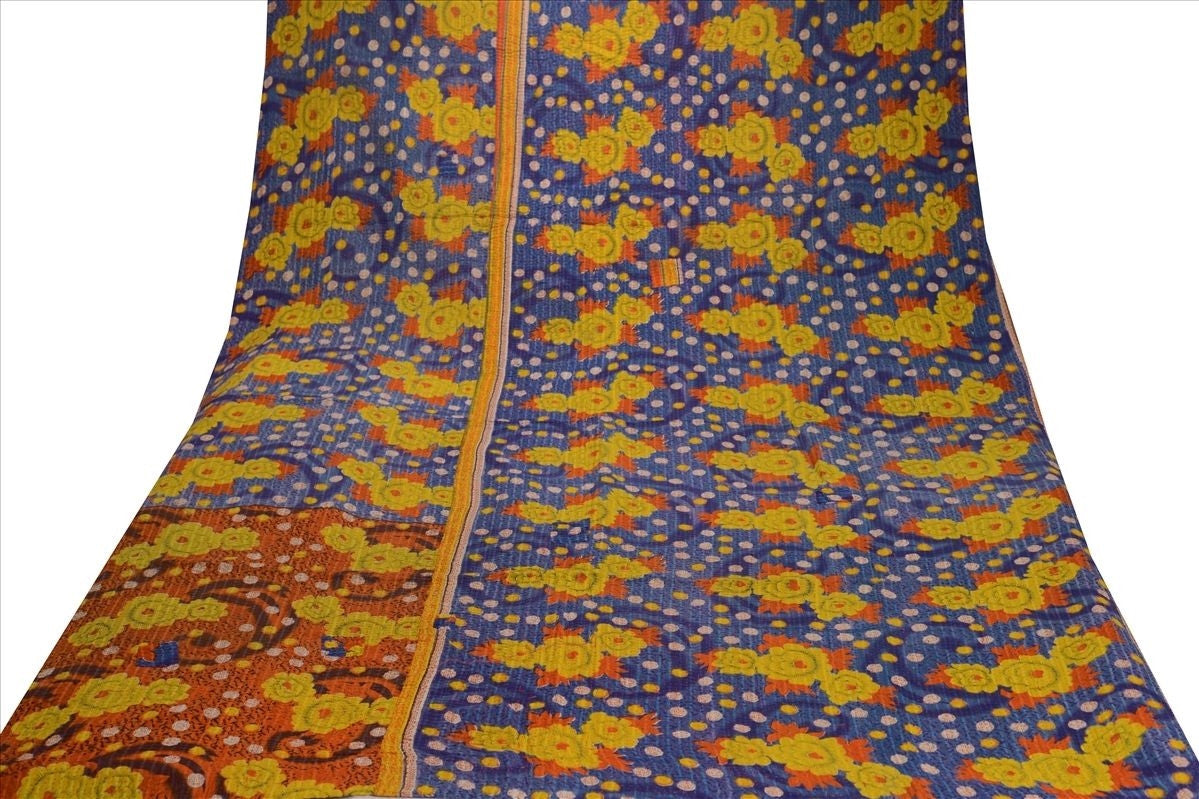$100+ OFF! Hand-Stitched Kantha Reversible Blue - Yellow Flower Dot Blanket Home Decor