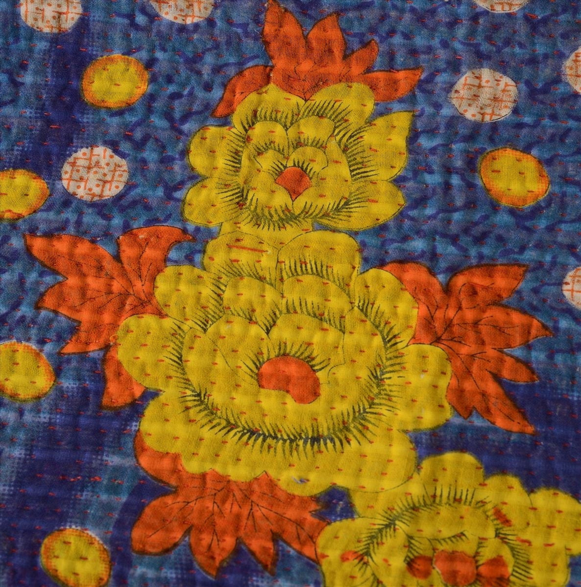 $100+ OFF! Hand-Stitched Kantha Reversible Blue - Yellow Flower Dot Blanket Home Decor