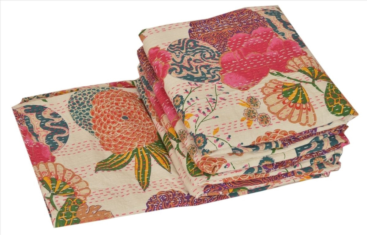 $100 Off! Hand Stitched Reversible Cream Floral  Leaf Blanket Home Decor Throw Divan