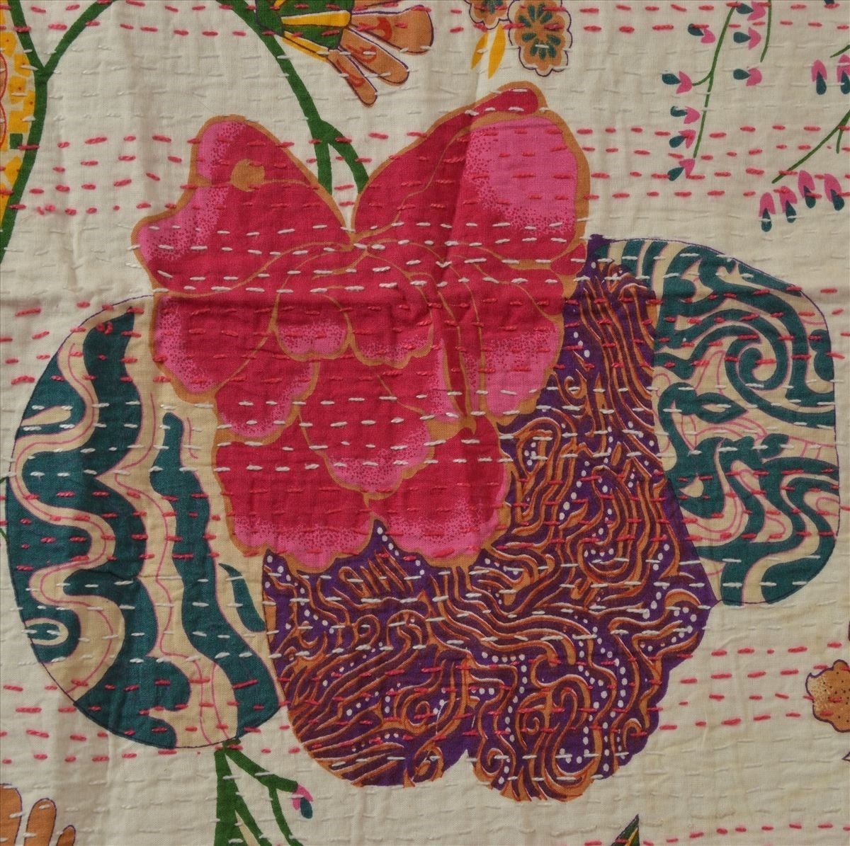 Embroidered Reversible Cream Floral  Leaf Blanket Home Decor Throw Divan