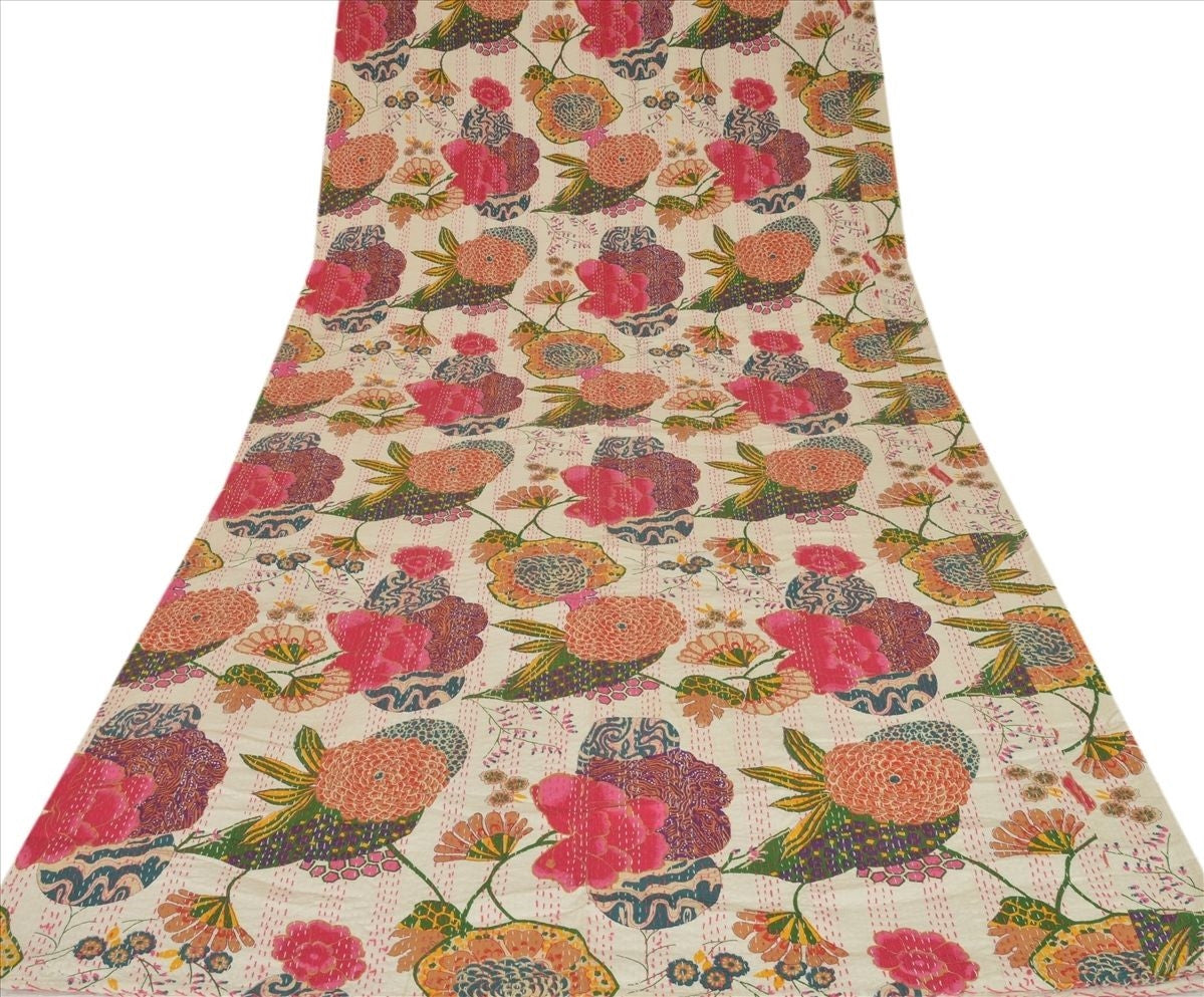 $100 Off! Hand Stitched Reversible Cream Floral  Leaf Blanket Home Decor Throw Divan