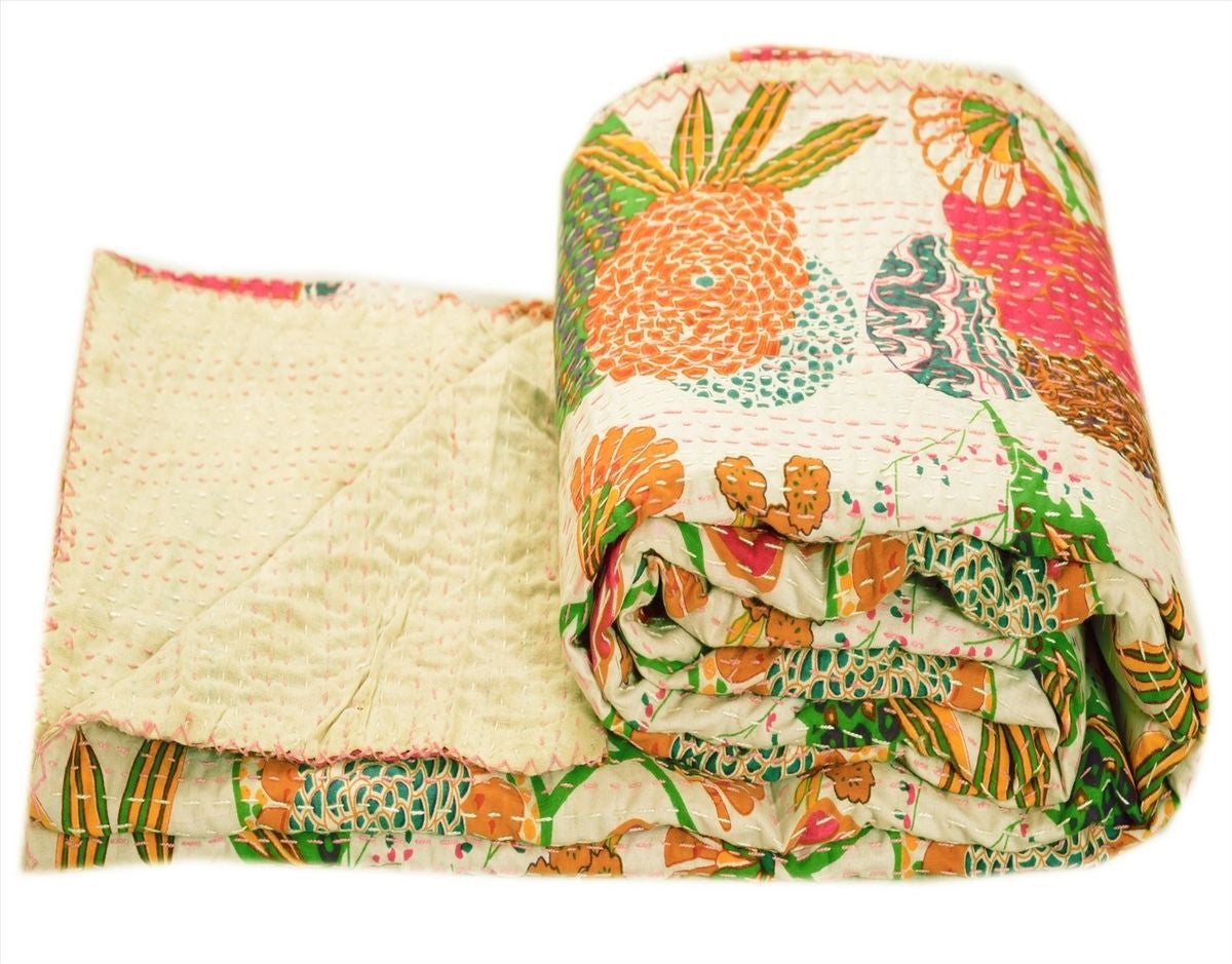 Roses Reversible Hand stitched Pink Flower Leaf Blanket Kantha Home Decor