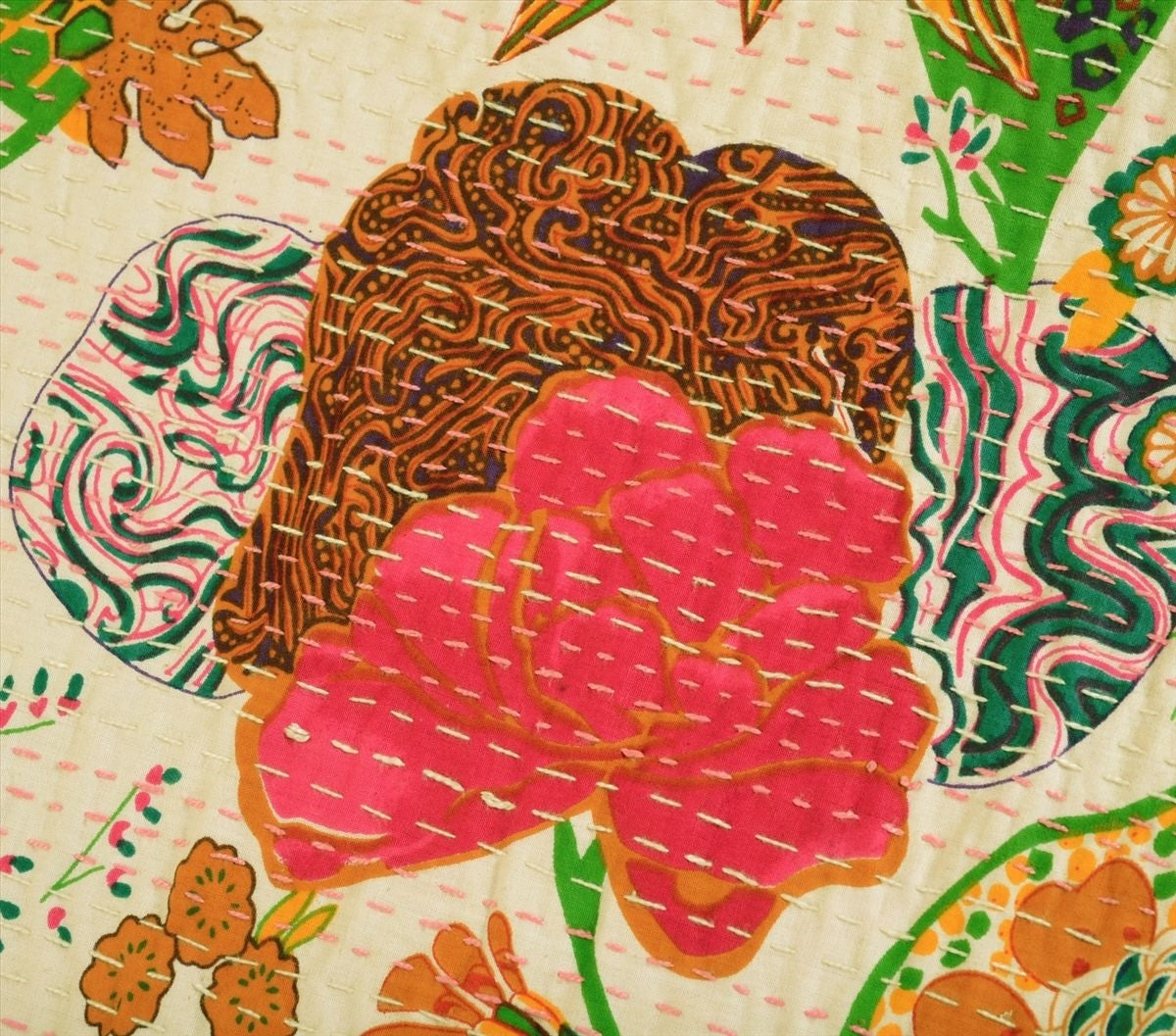 Reversible Embroidered Pink Flower Leaf Blanket Kantha Home Decore