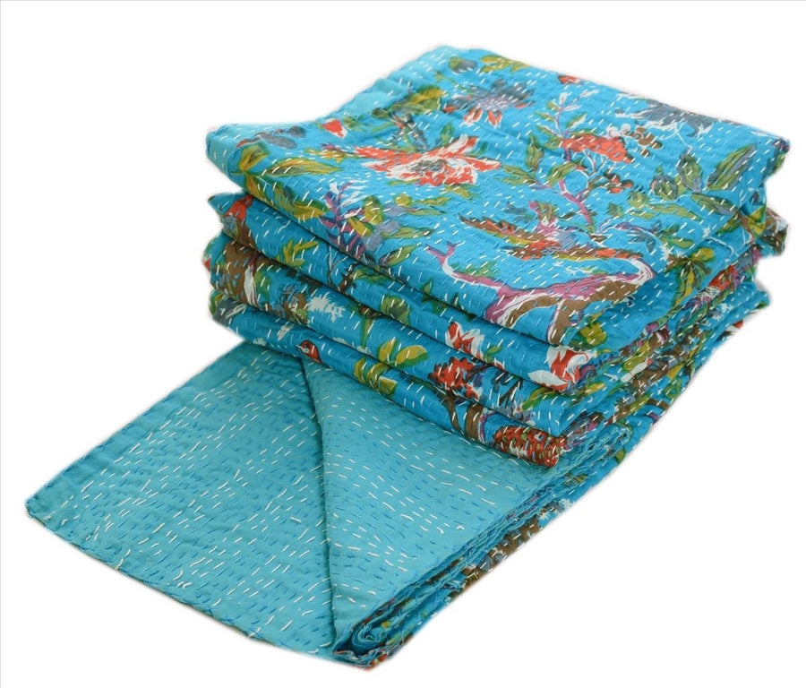 Kantha Red Bird Turquoise Hand-Stitched Reversible Bird Leaf Blanket Kantha