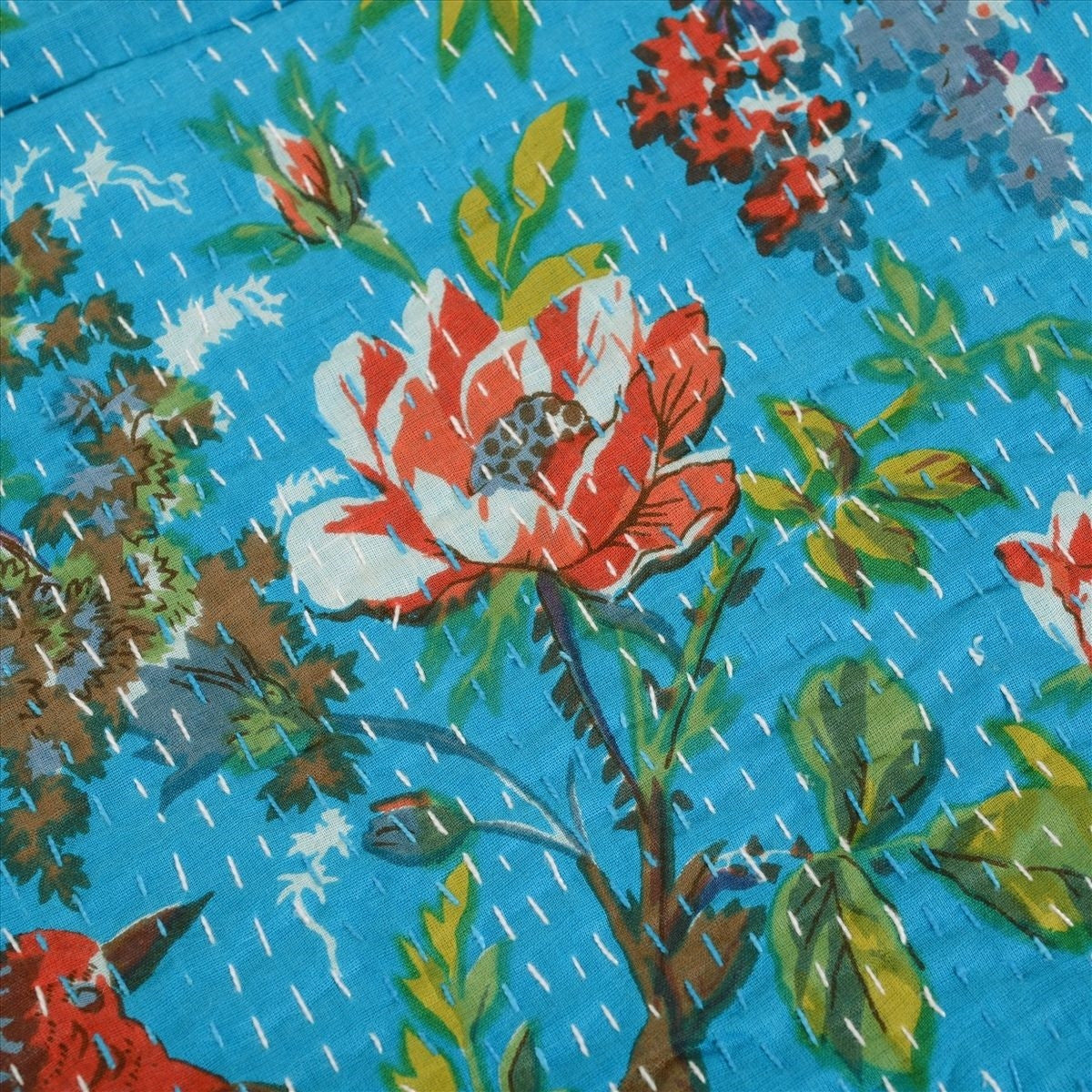$60+ OFF! Kantha Red Bird Turquoise Hand-Stitched Reversible Bird Leaf Blanket