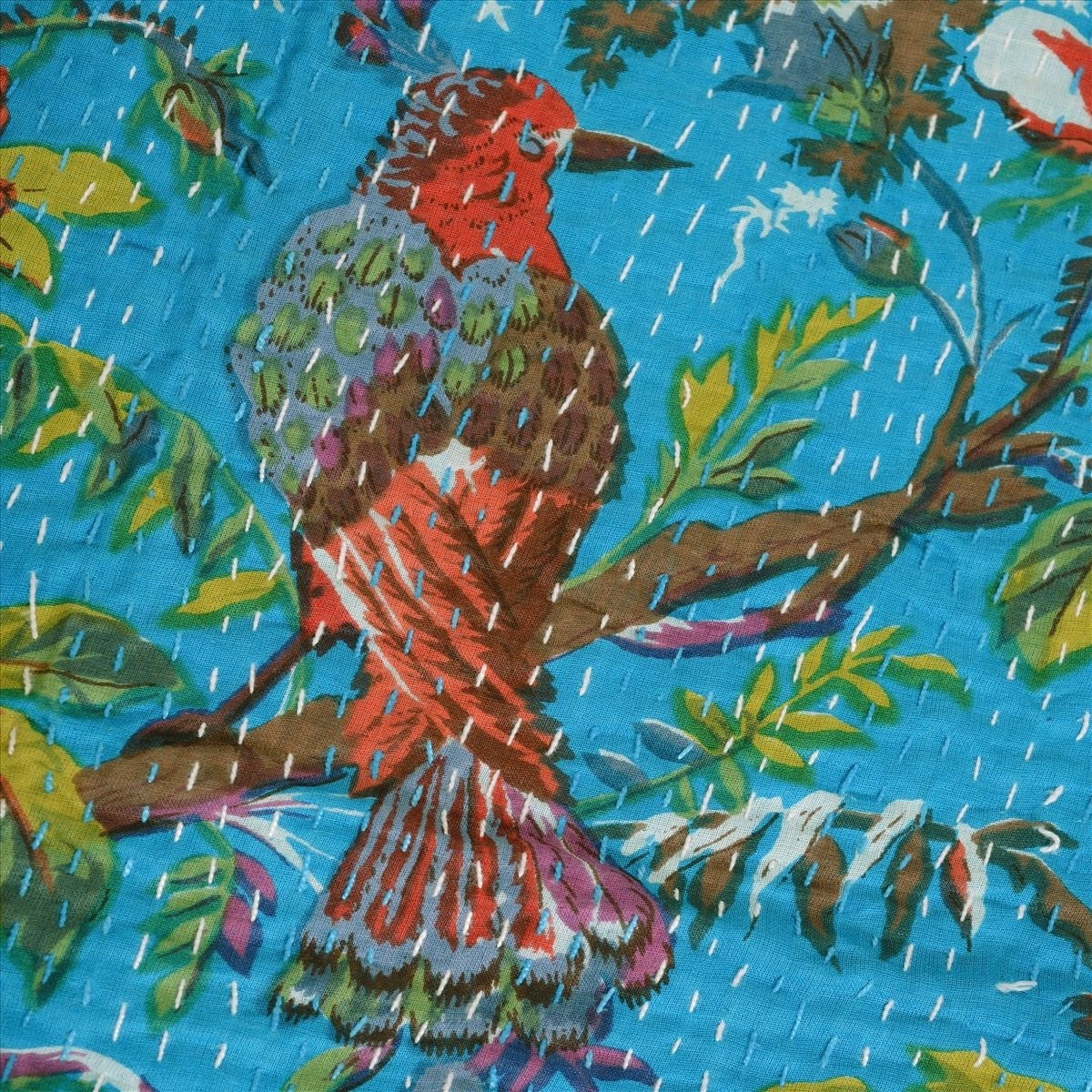 Embroidered Reversible Bird and Red Flower Leaf Blanket Kantha