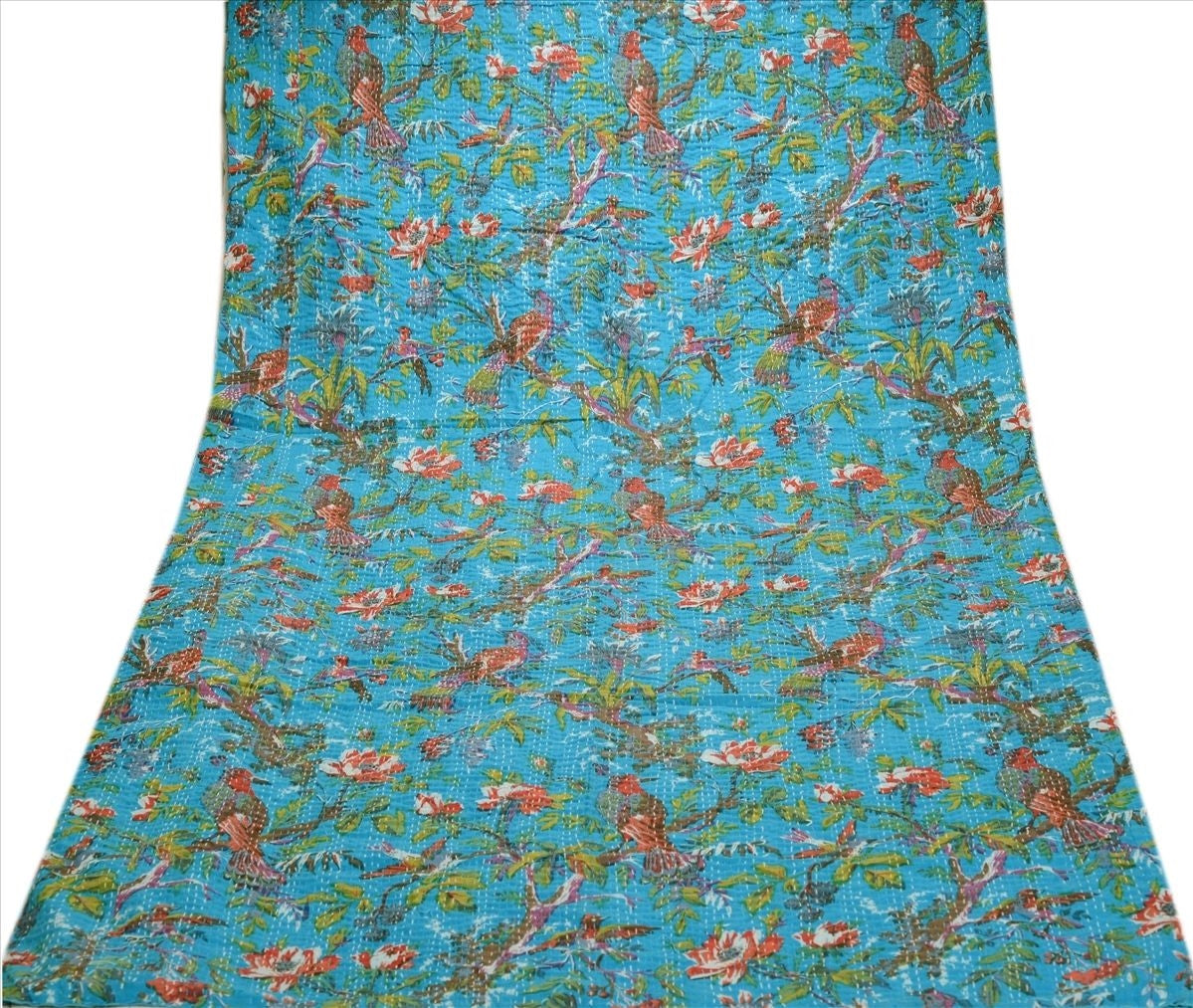 $60+ OFF! Kantha Red Bird Turquoise Hand-Stitched Reversible Bird Leaf Blanket