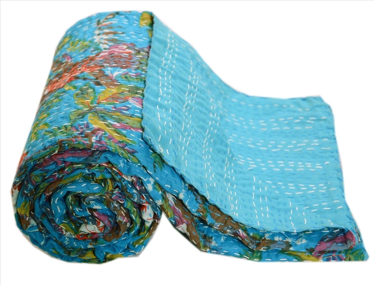 $60+ OFF! Kantha Red Bird Turquoise Hand-Stitched Reversible Bird Leaf Blanket