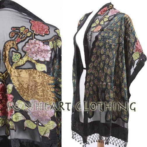 Burnout Black Silk Velvet Embroidered Scarf Beaded Fringe Glam