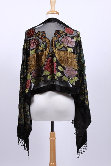 Burnout Black Silk Velvet Embroidered Scarf Beaded Fringe Glam