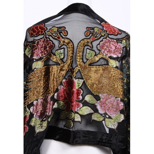 Burnout Black Silk Velvet Embroidered Scarf Beaded Fringe Glam