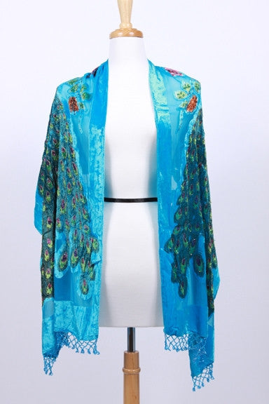 Burnout Silk Velvet Embroidered Scarf Shawl Turquoise Beaded Fringe Glam