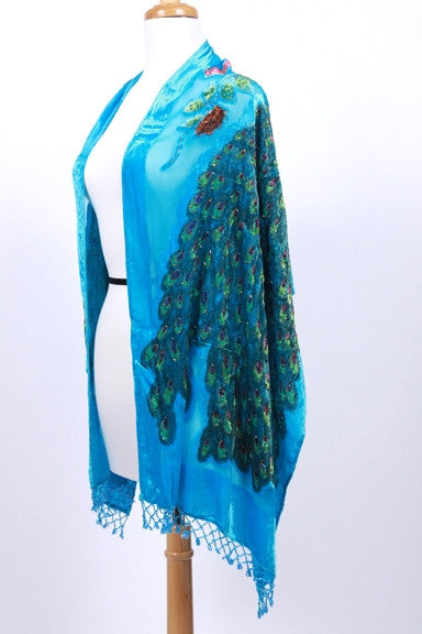 Burnout Silk Velvet Embroidered Scarf Shawl Turquoise Beaded Fringe Glam