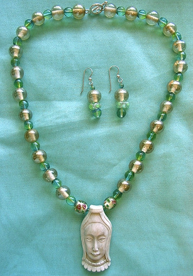 Artisian Antique Glass Lampwork Carved Goddess Necklace Hand-Made