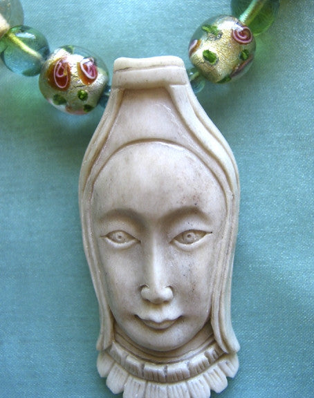 Artisian Antique Glass Lampwork Carved Goddess Necklace Hand-Made