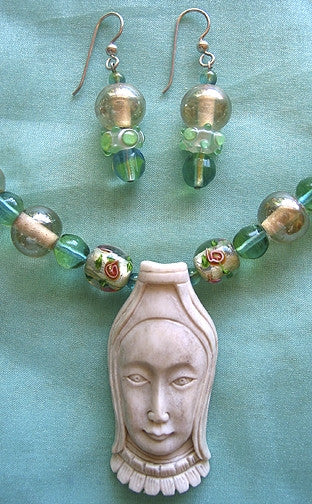 Artisian Antique Glass Lampwork Carved Goddess Necklace Hand-Made