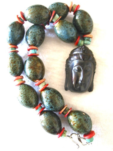 Quan Yin Turquoise Coral Necklace Artisian hand made