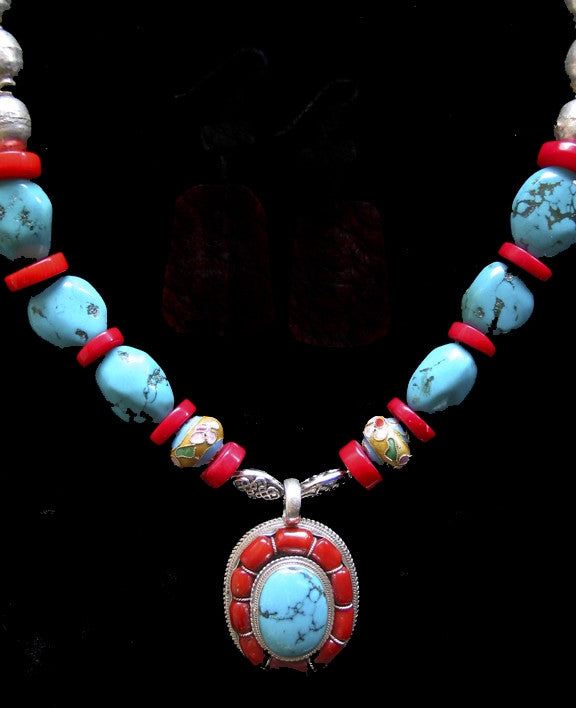 Turquoise Silver Coral Necklace Artisian hand made