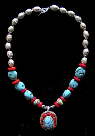 Turquoise Silver Coral Necklace Artisian hand made