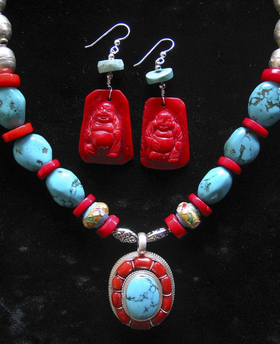 Turquoise Silver Coral Necklace Artisian hand made