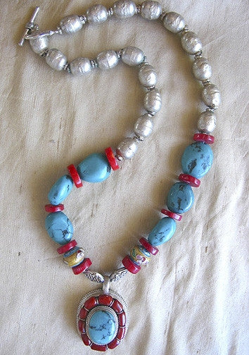 Turquoise Silver Coral Necklace Artisian hand made
