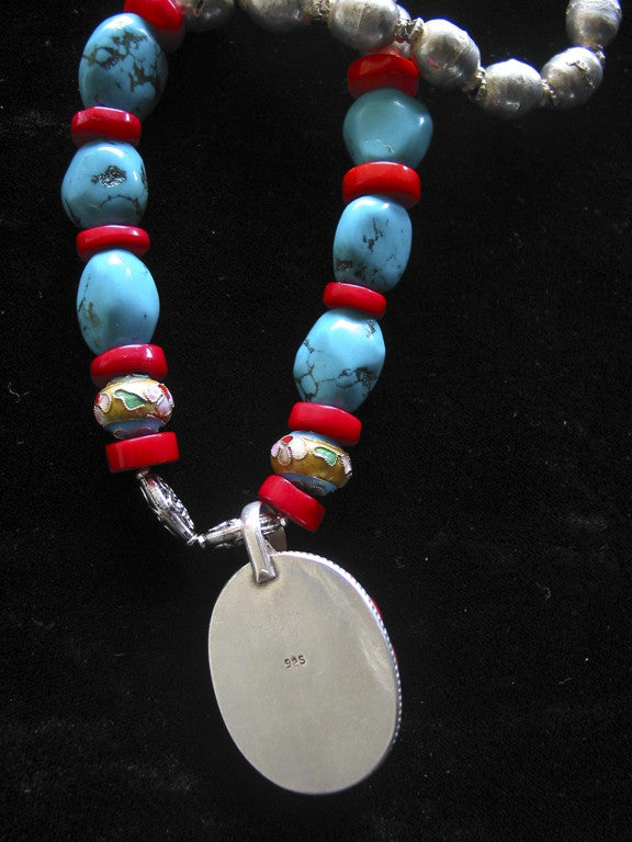 Turquoise Silver Coral Necklace Artisian hand made