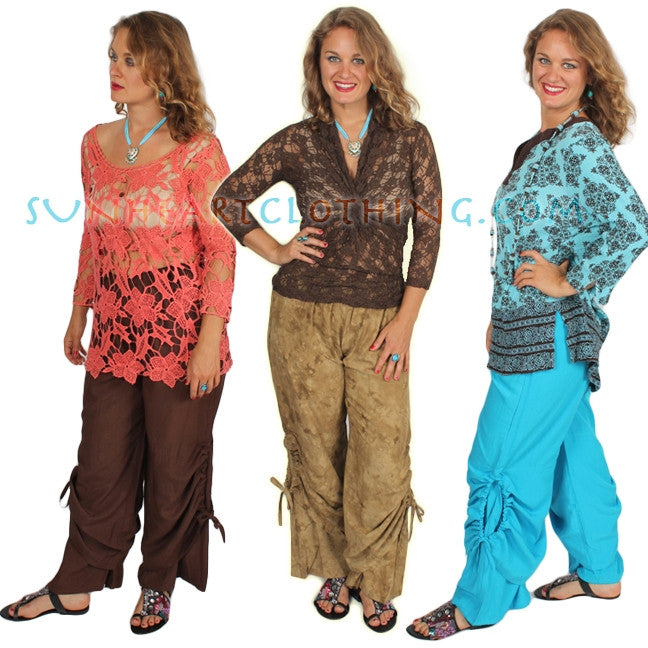 SunHeart Ruched 2 Layer Pant Boho Hippie Chic Sml-XL  Brown Olive