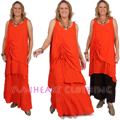 SunHeart 2-Layer Ruched Tank Brown Dress Resort Wear Sml-1x