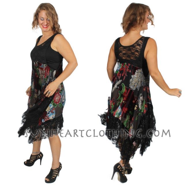 Sunheart Black Silk Velvet Tank Gusset Dress Beaded Sml-2x