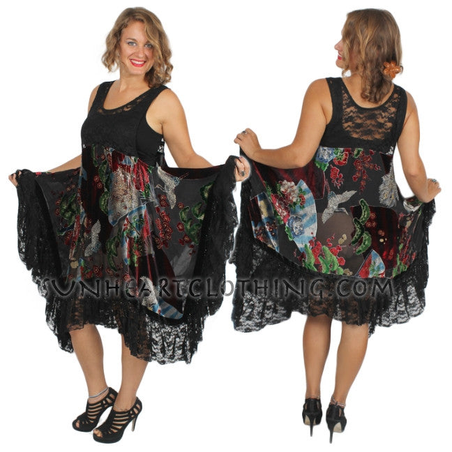 Sunheart Black Silk Velvet Tank Gusset Dress Beaded Sml-2x