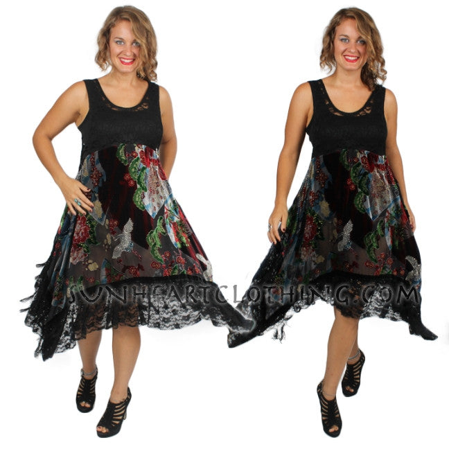 Sunheart Black Silk Velvet Tank Gusset Dress Beaded Sml-2x
