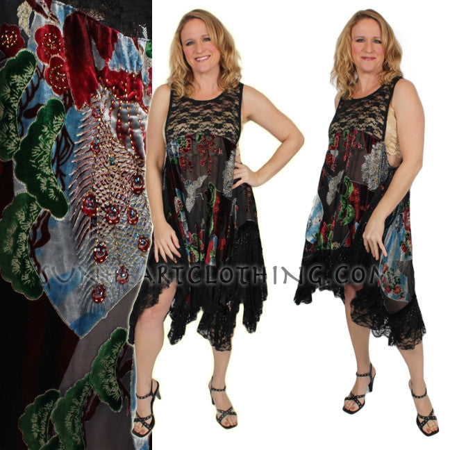 Sunheart Black Silk Velvet Tank Gusset Dress Beaded Sml-2x