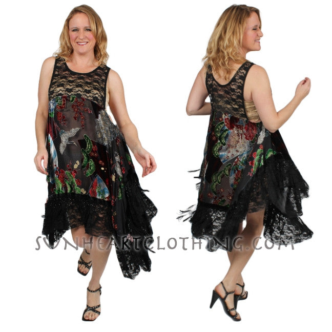 Sunheart Black Silk Velvet Tank Gusset Dress Beaded Sml-2x