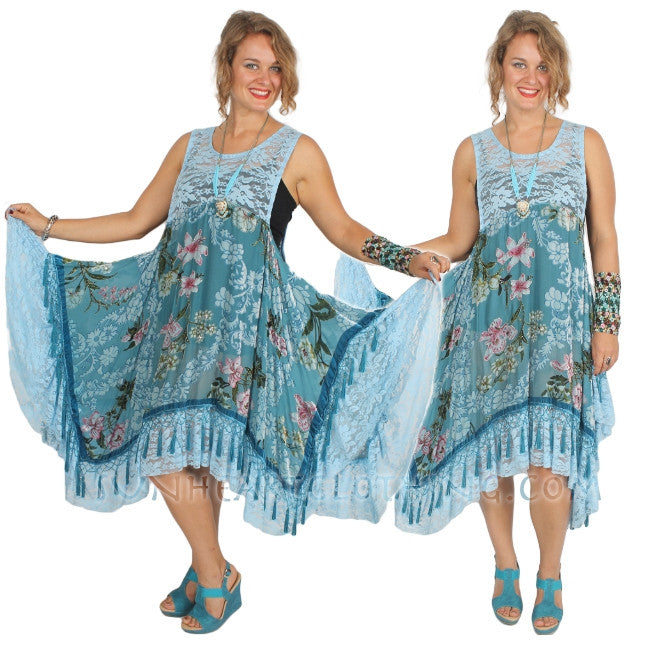 SunHeart Blue Roses Silk Velvet Tassel Dress Sml-5x