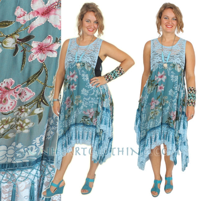 SunHeart Blue Roses Silk Velvet Tassel Dress Sml-3x