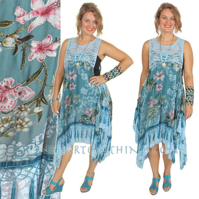 SunHeart Blue Roses Silk Velvet Tassel Dress Sml-5x