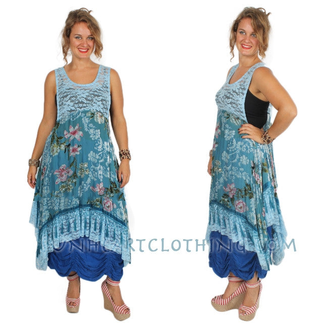 SunHeart Blue Roses Silk Velvet Tassel Dress Sml-5x