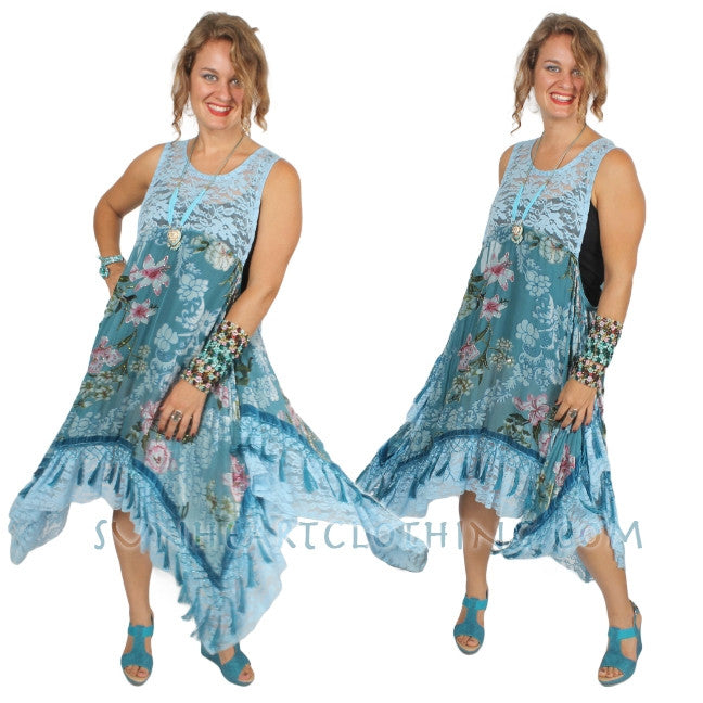 SunHeart Blue Roses Silk Velvet Tassel Dress Sml-5x